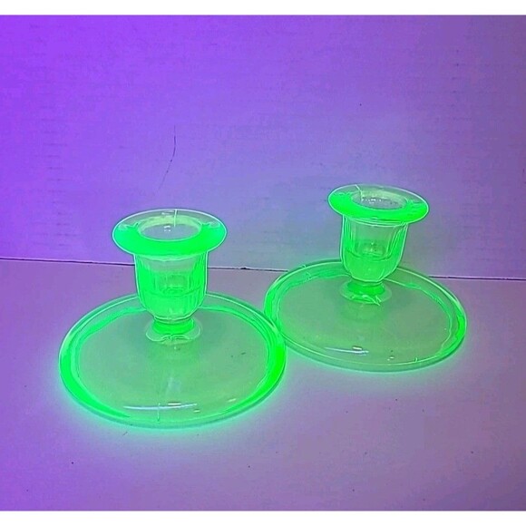 Antique Uranium Glass Pair Candlestick Candle Holders 1920s Depression Era - Picture 1 of 7